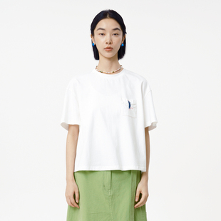 纯棉绣花抽褶圆领短款 新款 MOVEUP幻走2025夏季 T恤女 商场同款