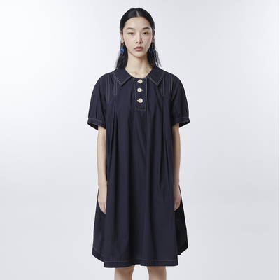 MOVEUP幻走2023夏季新款.FUN系列翻领纽扣撞色线设计师纯棉连衣裙