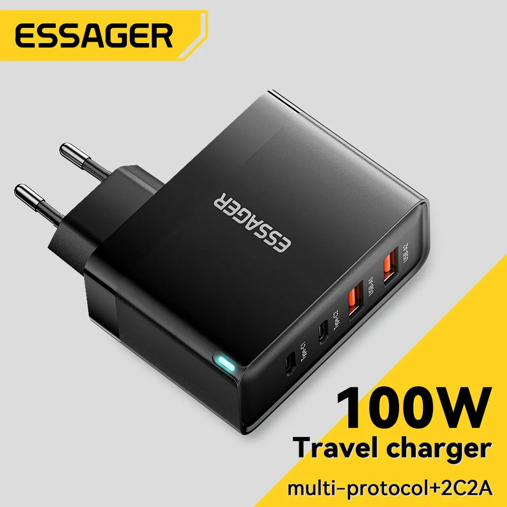 ESSAGER 100W氮化镓GaN充电器快充手机平板电脑全兼容四口充电头火牛Trave Charger Type C USB EU/UK Plug 3C数码配件 手机充电器 原图主图