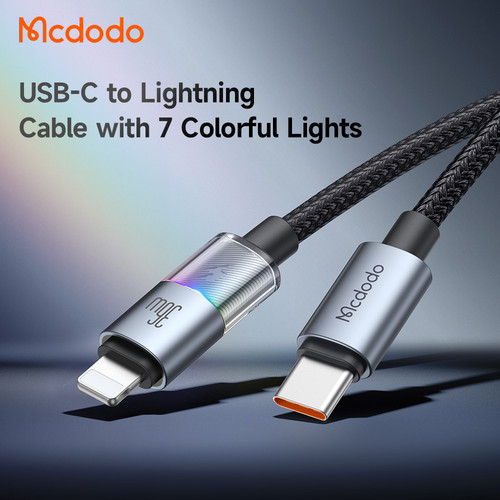 MCDODO 36W Charging Cable USB C to Lightning适用iPhone手机笔记本电脑MacBook快充电线七彩灯编织数据线