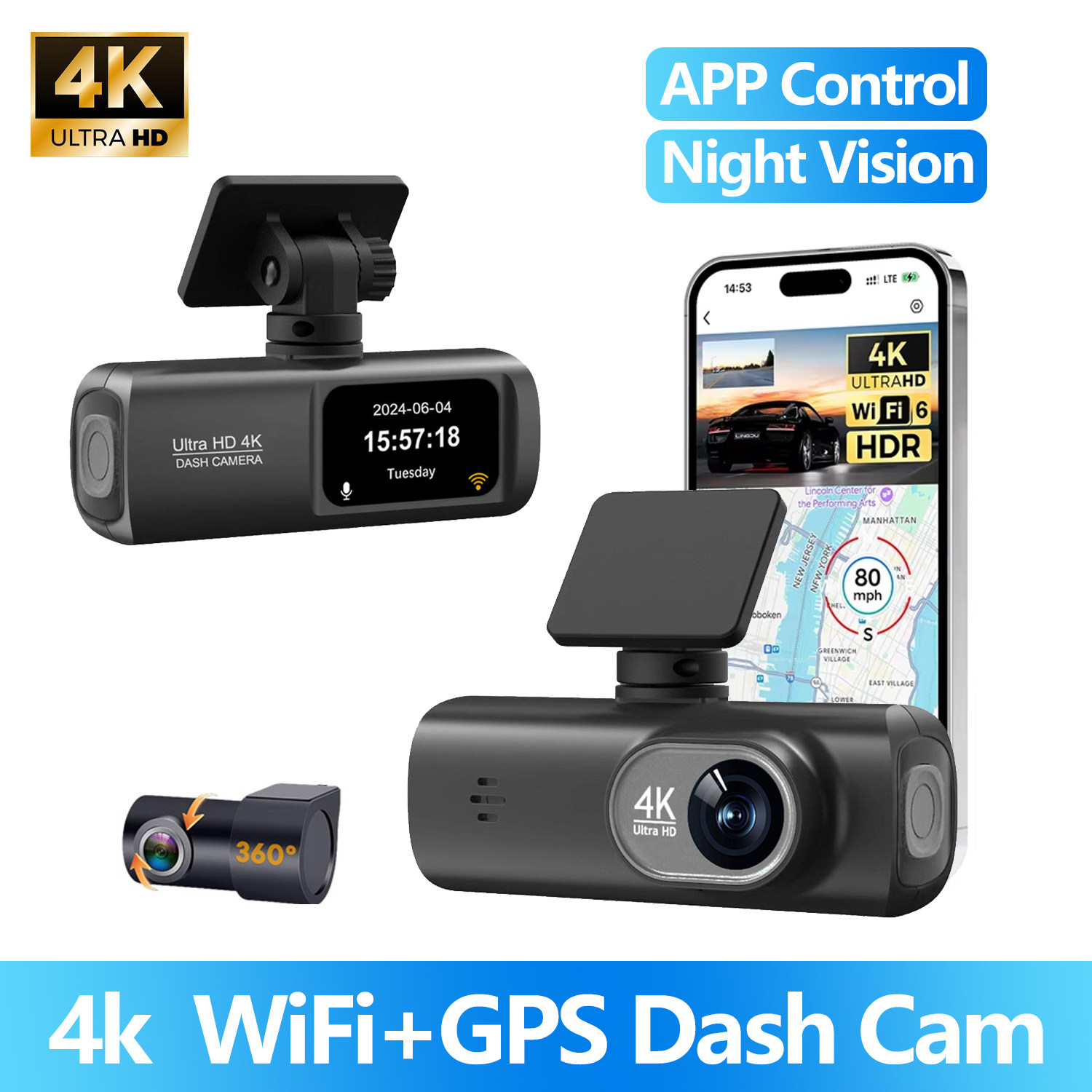 4K Dual Lens Car DVR Dash Cam Recorder WiFi Parking Monitor