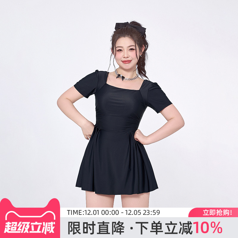 经典方领黑色遮肉泳衣