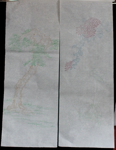 玉泉木板水印中国风宣纸小刀头书法创作宣纸菊花松树图案生宣