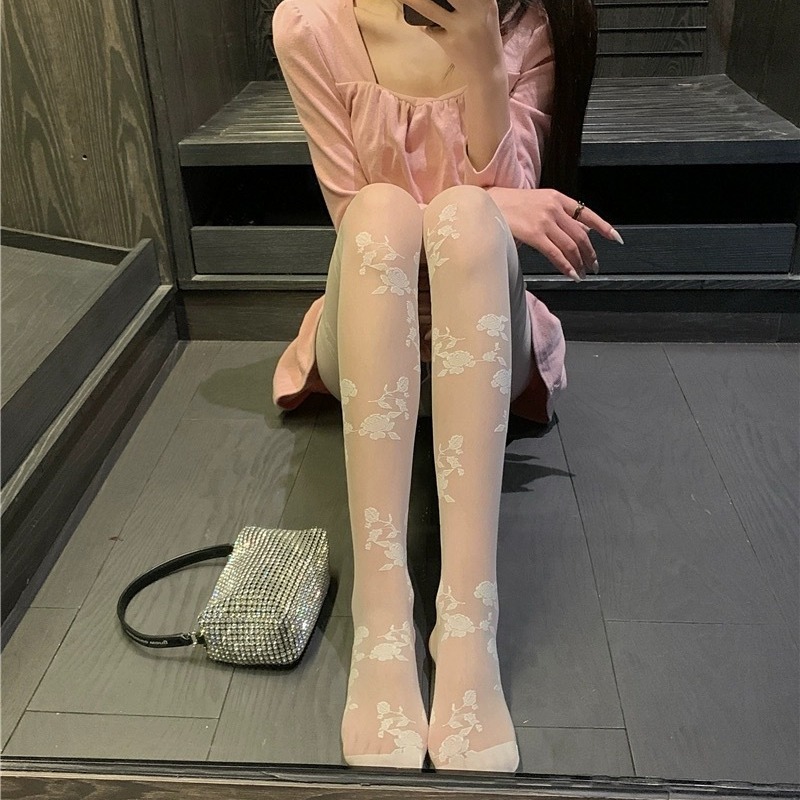 2024新款性感玫瑰花丝袜刺绣白色花朵丝袜蕾丝复古白丝薄款连裤袜