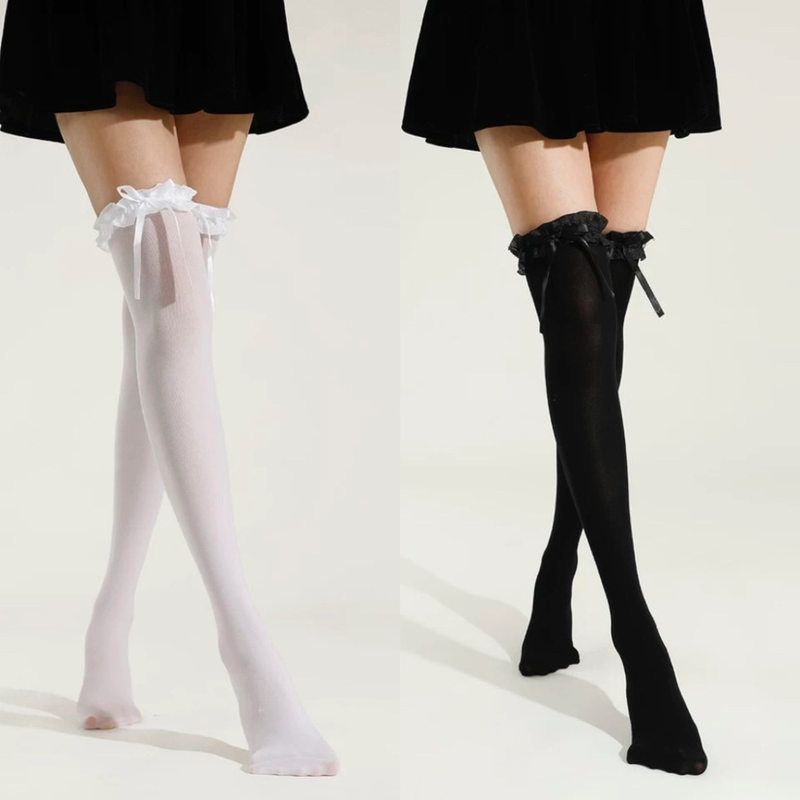 白色蝴蝶结过膝女春夏薄款蕾丝洛丽塔长筒花边奶白芭蕾风大腿袜