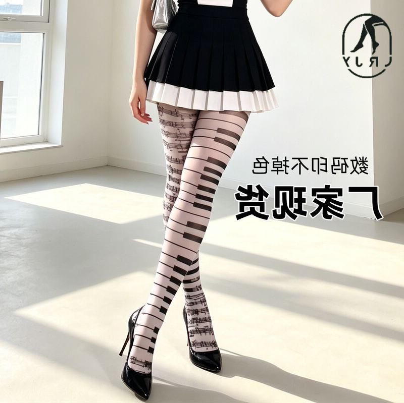 Lolita印花数码丝袜女夏白丝袜
