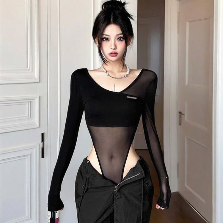 欧美性感拽姐黑色网纱透视拼接长袖T恤女修身显瘦打底连体衣百搭