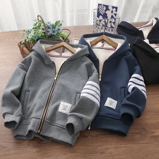 男童加绒外套秋冬装新款连帽儿童一体绒开衫卫衣 中大童加绒卫衣