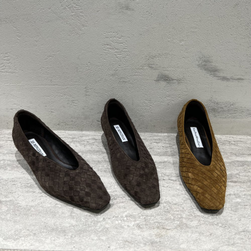 真皮编织方头粗跟浅口单鞋奶奶鞋