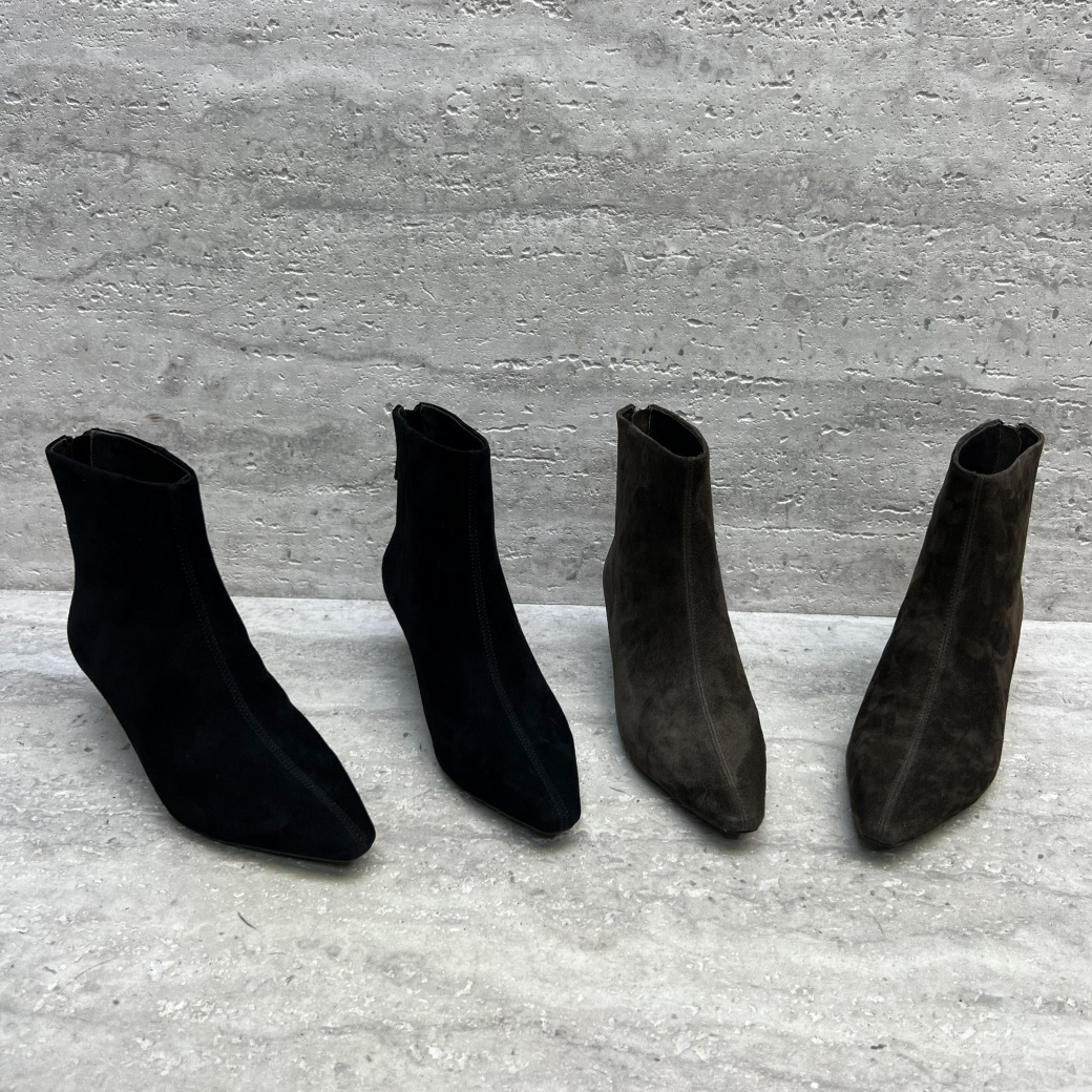 细跟尖头后拉链羊猄皮马丁靴短靴