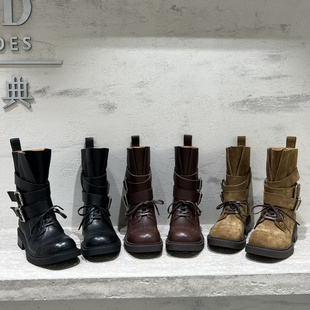 欧洲站2025秋季新款欧货真皮女靴粗跟搭扣牛皮复古机车马丁靴短靴