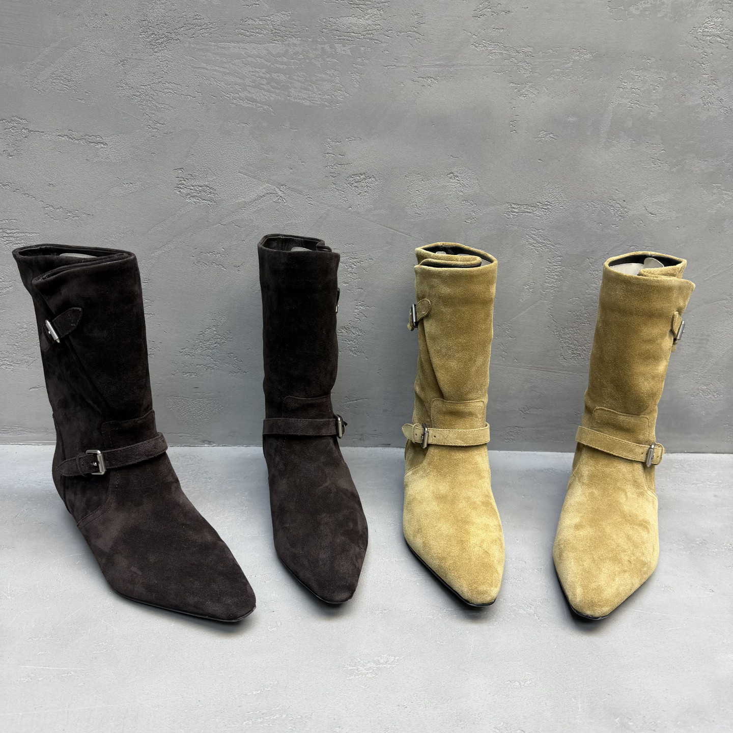 欧洲站真皮牛反绒尖头低跟女靴