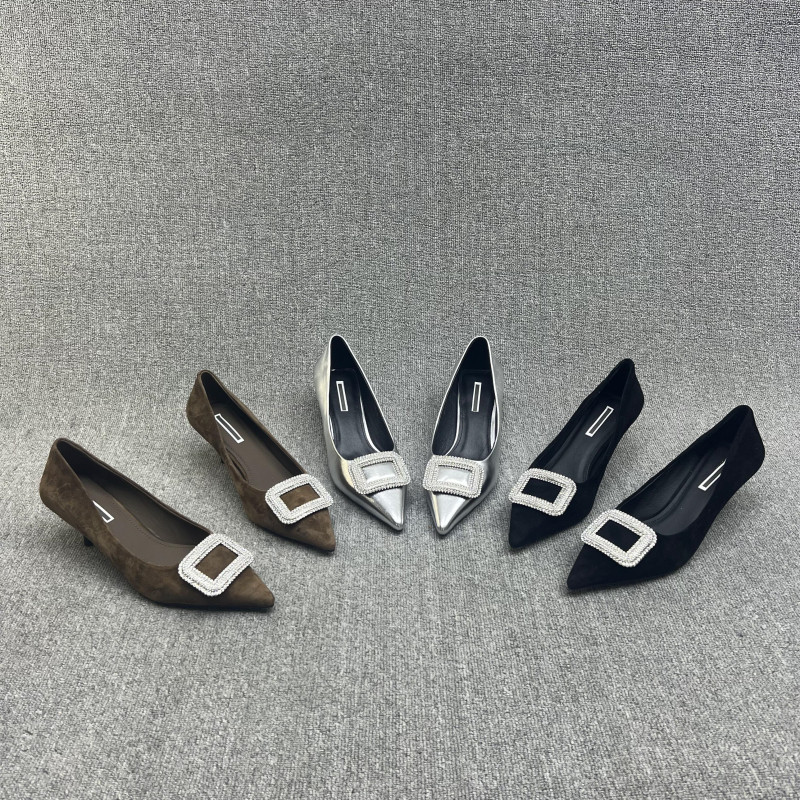 欧洲站2025春季新款欧货真皮女鞋细跟尖头水钻中跟高跟鞋浅口单鞋