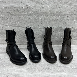 欧洲站乐魔女鞋2025秋新款欧货真皮皮带扣低跟牛皮时尚马丁靴短靴