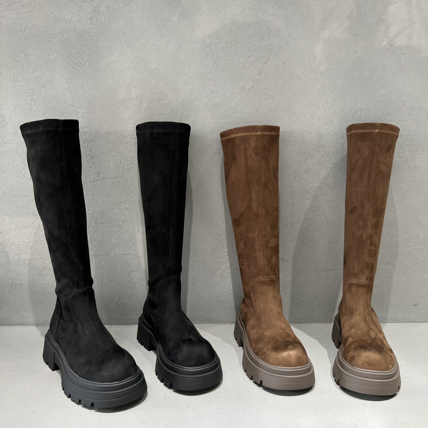 马丁靴圆头厚底高跟弹力长靴