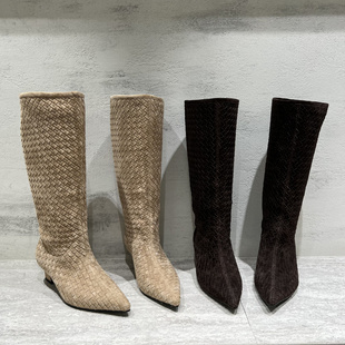 先锋名典女鞋2025秋季新款欧货真皮编织尖头粗跟套筒长靴高筒靴女