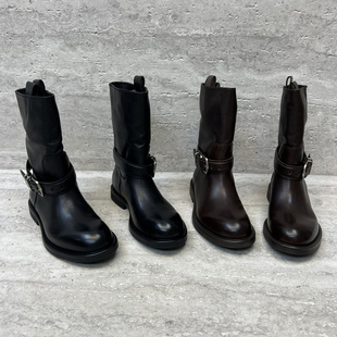 欧洲站女鞋2025秋季新款欧货胎牛皮粗跟皮带扣套筒马丁靴中筒靴女