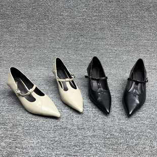 欧洲站2025秋新款欧货真皮细跟尖头胎牛皮一字扣中跟单鞋高跟鞋女
