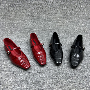 欧洲站2025秋季欧货真皮女鞋平底一字扣石头纹胎牛皮单鞋玛丽珍鞋