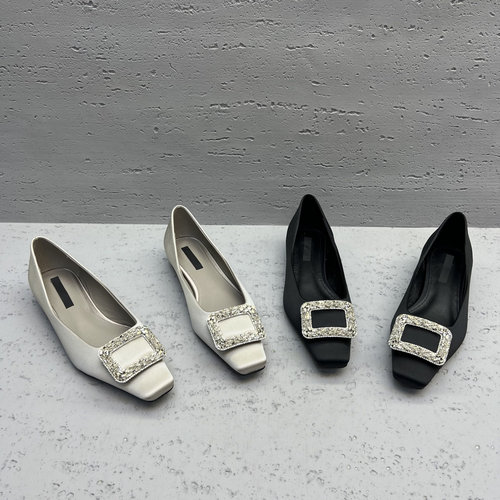 欧洲站真皮真丝水钻方头平底单鞋