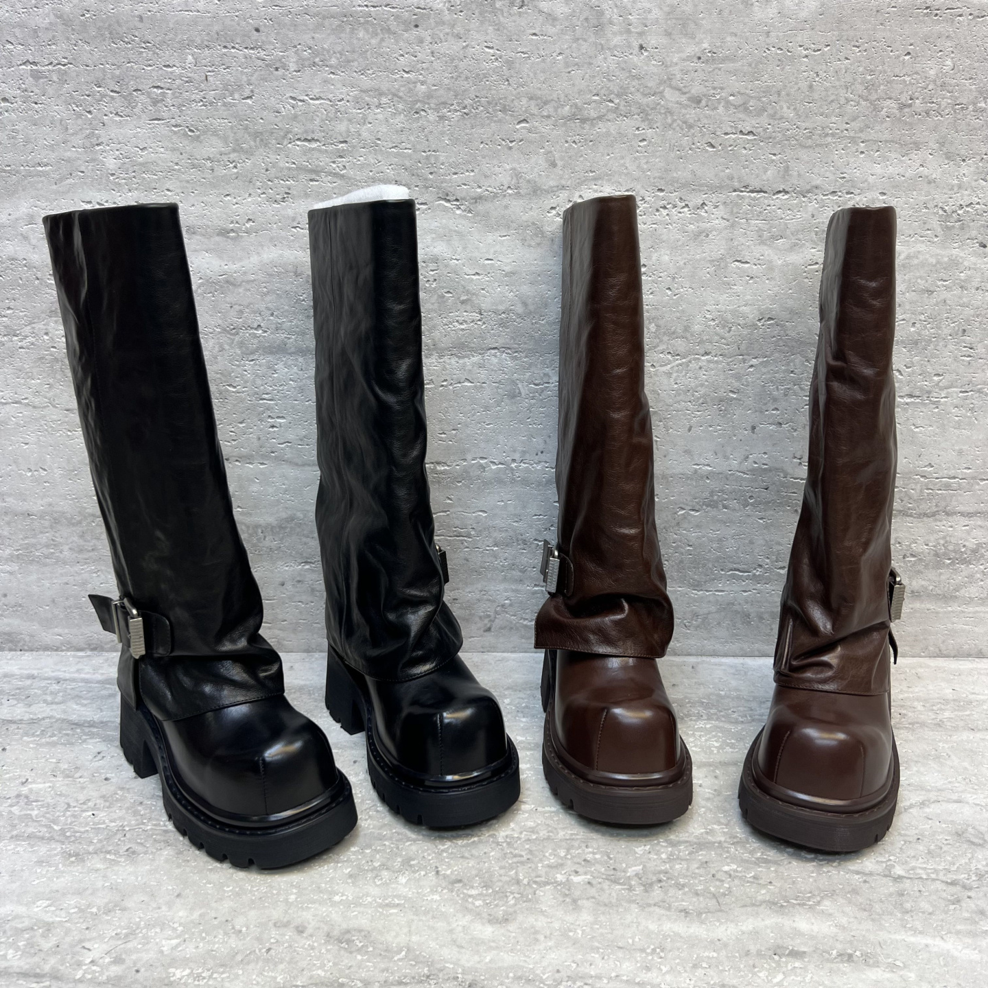 厚底皮带扣高筒长裤靴骑士靴女