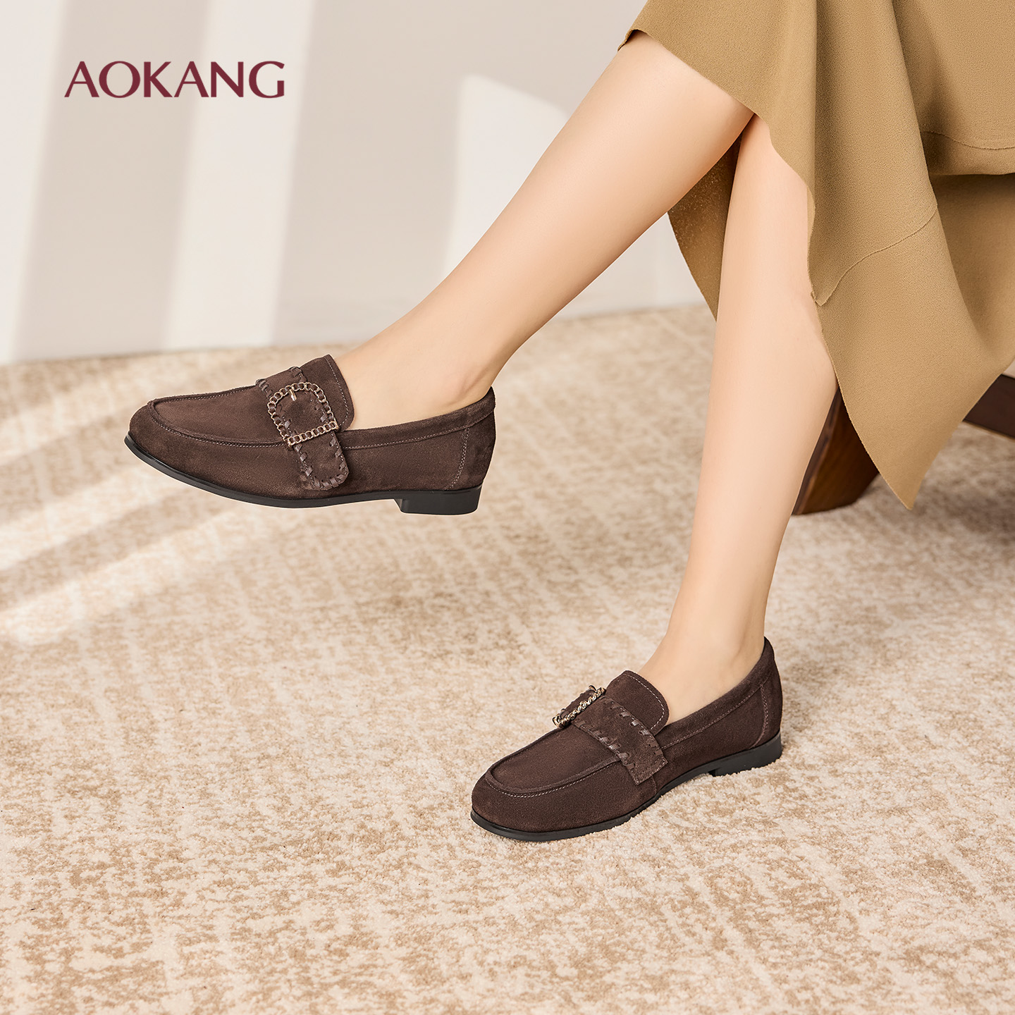 奥康 女鞋2025秋季绒面乐福鞋真皮黑色单鞋一脚蹬平底通勤皮鞋