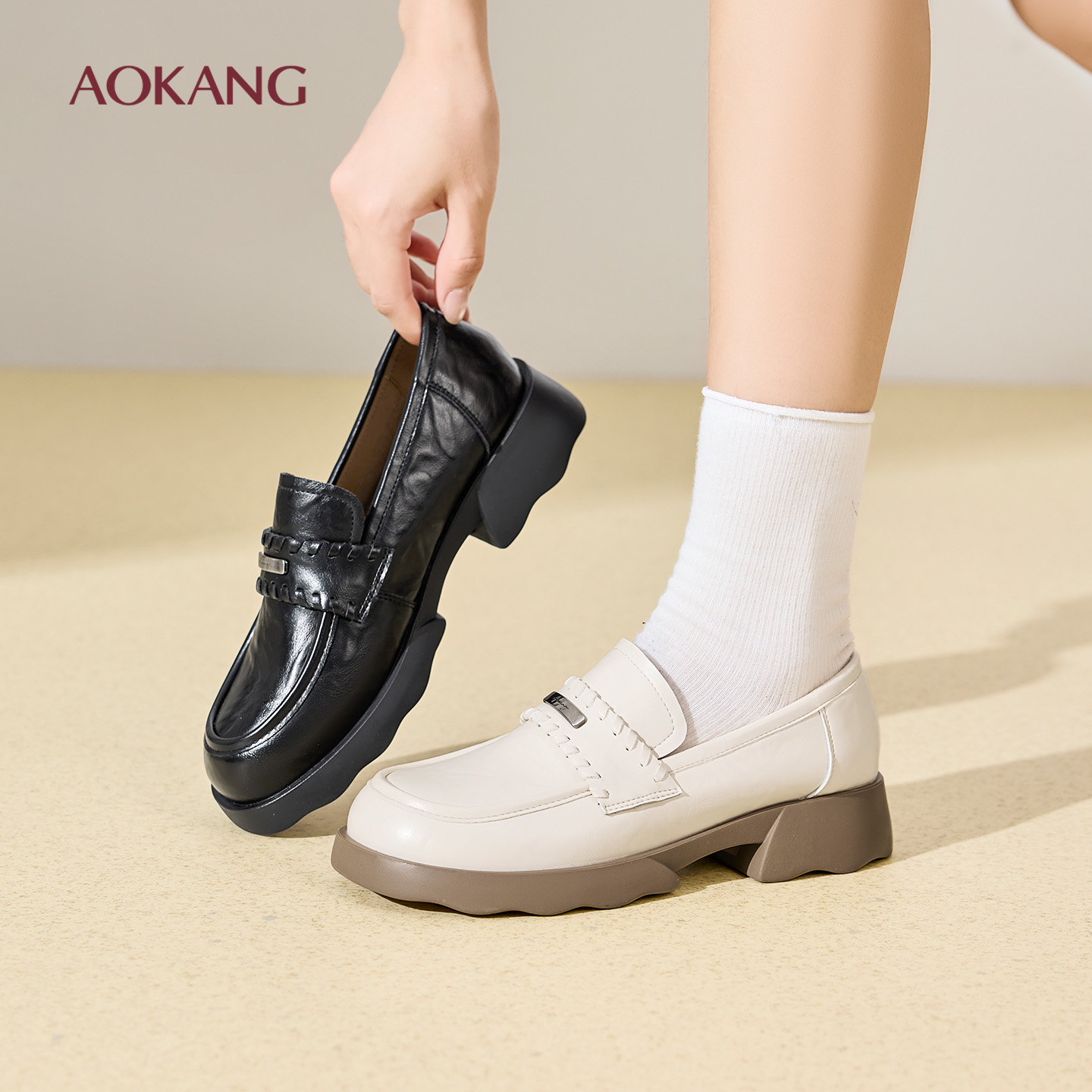 奥康 女鞋2026春季新款英伦风厚底黑色小皮鞋不累脚法式单鞋秋