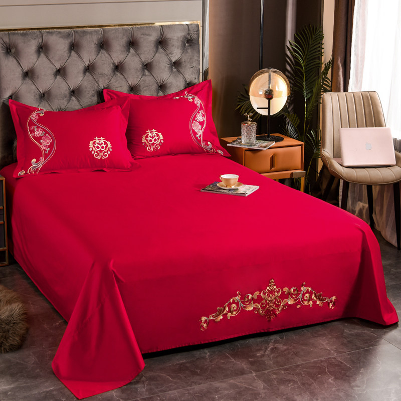 60支长绒棉全棉婚庆床单大红色纯棉单件双人酒店出嫁女方结婚床品