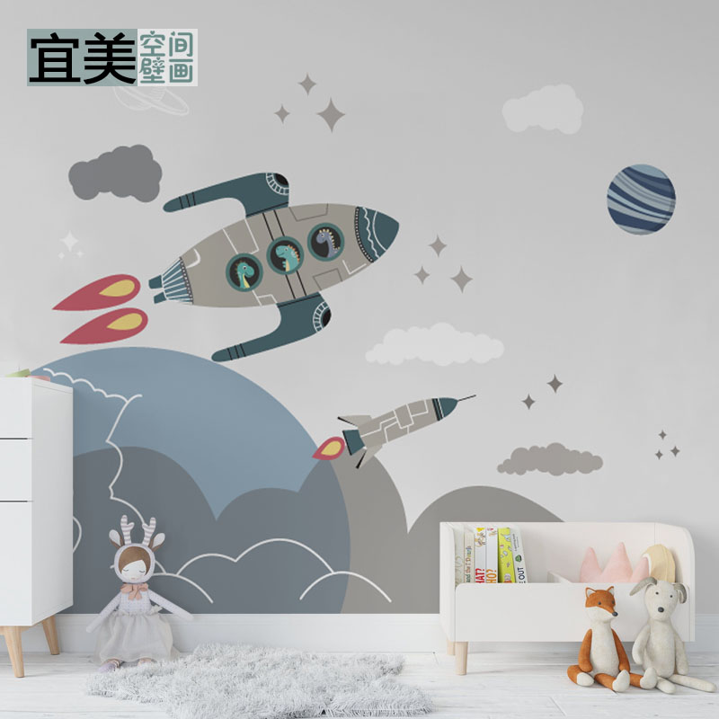 儿童房墙纸环保男孩房床头壁纸卧室背景墙壁画卡通飞机太空墙布