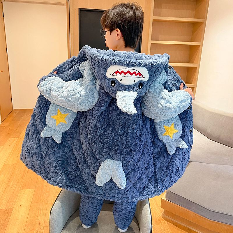 珊瑚绒三层夹棉加绒加厚款男童睡衣