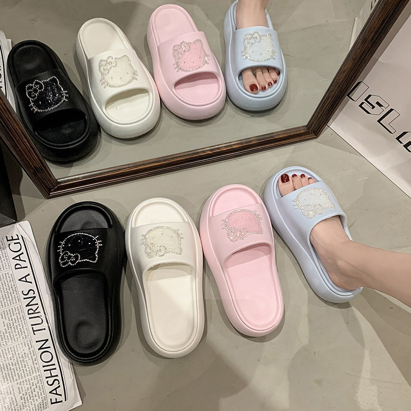6CM踩屎感增高厚底拖鞋韩系简约彩钻卡通猫咪甜美百搭软底凉拖鞋