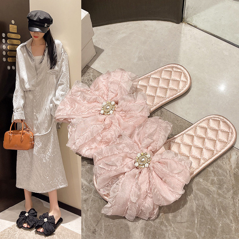 居家绸缎拖鞋女 高颜值韩版蝴蝶结凉拖 情侣款超仙防滑平底凉拖鞋
