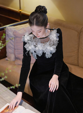 法式设计感仙气立体花朵收腰丝绒大摆连衣裙宴会晚礼服长裙21967