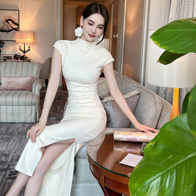 2026夏季新款女装立领纯色修身长裙设计感开叉长款包臀连衣裙6232