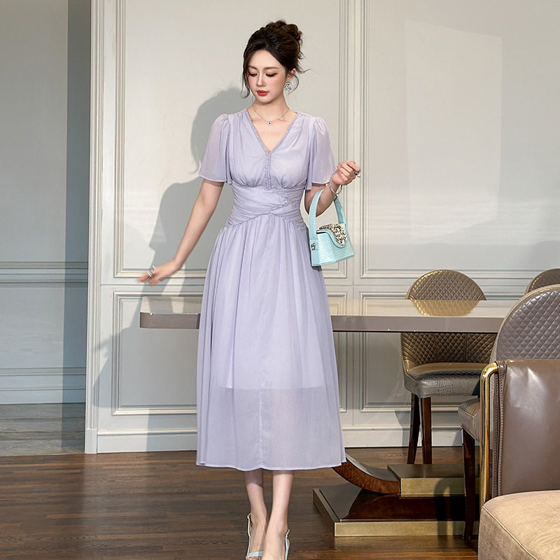 2026夏季新款女装法式V领收腰飘逸紫色连衣裙别致收腰长裙45246