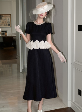2025夏季新款女法式重工镶钻圆领收腰荷叶边遮肚大摆连衣裙45180