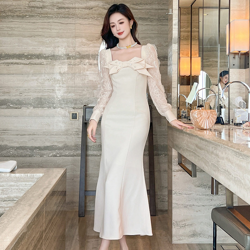 2025秋冬装新款女装甜美气质减龄方领蝴蝶结收腰鱼尾连衣裙75008