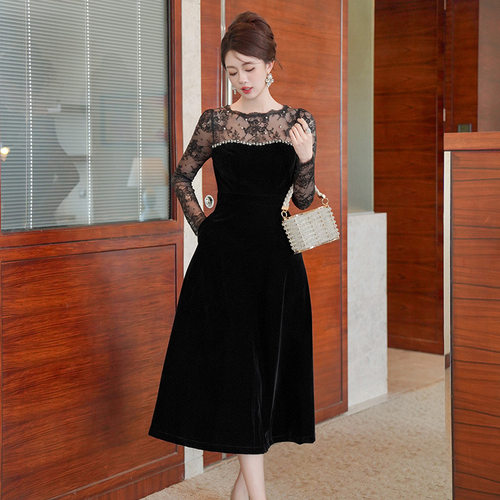miu系重工钉珠丝绒小黑裙年会礼服裙赫本复古收腰连衣裙女21881