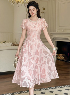 2025夏季新款女装甜美气质镶钻圆领收腰碎花长款粉色连衣裙45202