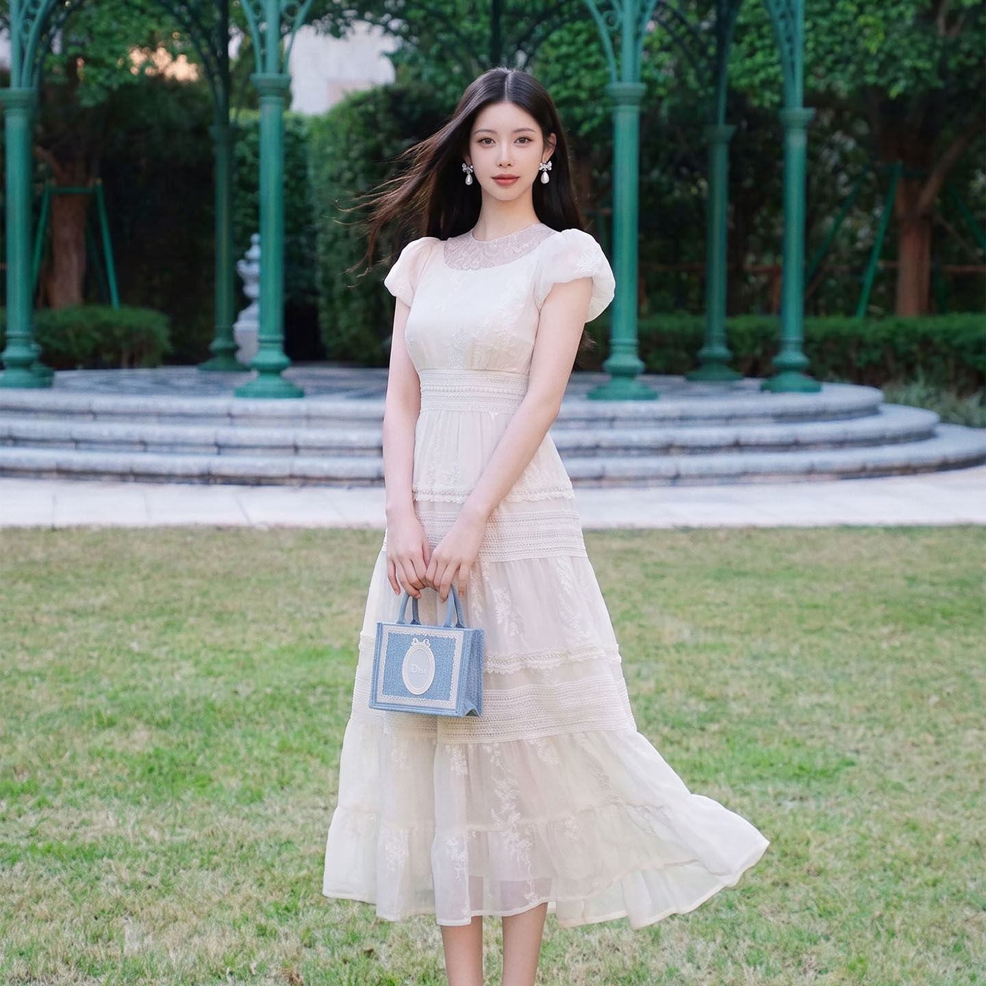 圆领蕾丝连衣裙女泡泡袖拼接蛋糕长裙领证约会仙气轻礼服裙48179