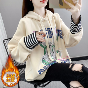 设计感小众加绒加厚连帽卫衣女2023新款秋冬季大码宽大小个子外套