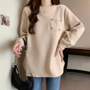 白色德绒打底衫女秋冬加绒加厚上衣宽松正肩卫衣内搭磨毛长袖t恤