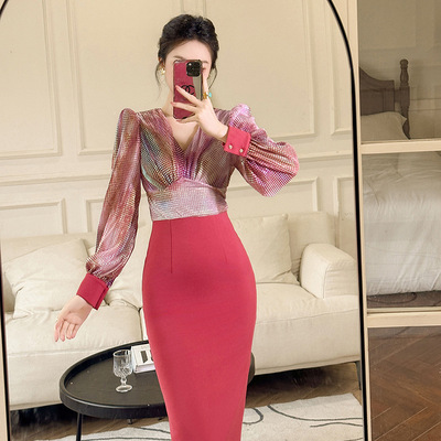 2025秋装新款法式轻熟风气质V领拼接高腰包臀假两件连衣裙70253