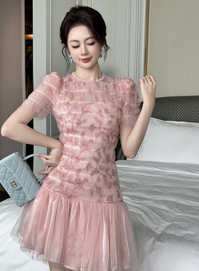 2025夏季新款甜美气质圆领泡泡袖设计感褶皱网纱鱼尾连衣裙21692