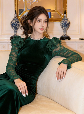2026春季新款女装法式圆领蕾丝喇叭袖拼接修身包臀连衣裙83040