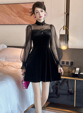 赫本风黑色丝绒连衣裙女春装新款气质千金感生日party小礼裙80381