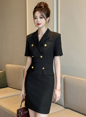 2025夏季新款职业女西装领双排扣修身包臀小个子短袖连衣裙50563