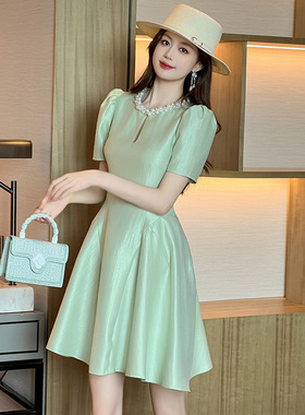 2025夏季新款女装法式薄荷绿收腰连衣裙显瘦显高气质a字裙80196