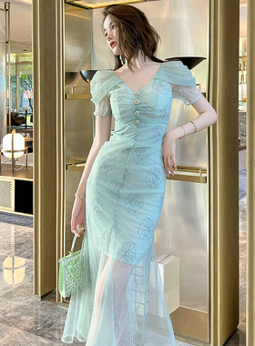 2025夏季新款小清新V领修身网纱鱼尾连衣裙茶歇别致绝美长裙20571