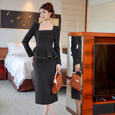 秋冬装新款职业通勤女装设计感方领修身荷叶边包臀连衣裙21904
